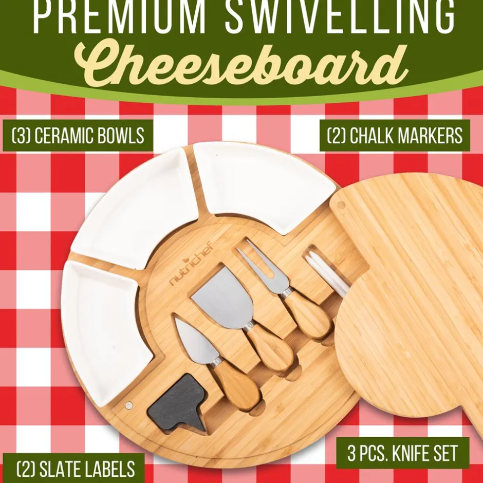 Bamboo Cheese Board Set, Extra Large, 13" Round, Includes Knives & Bowls<NutriChef Online