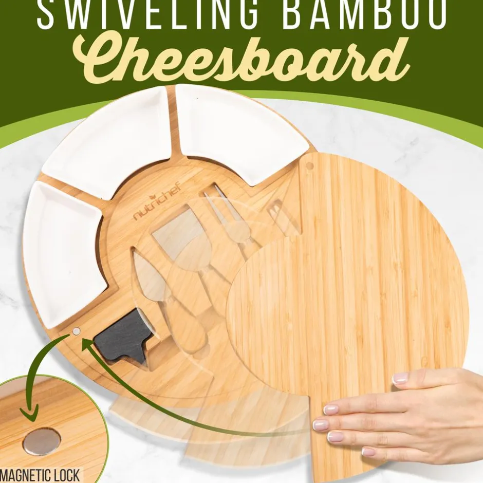 Bamboo Cheese Board Set, Extra Large, 13" Round, Includes Knives & Bowls<NutriChef Online