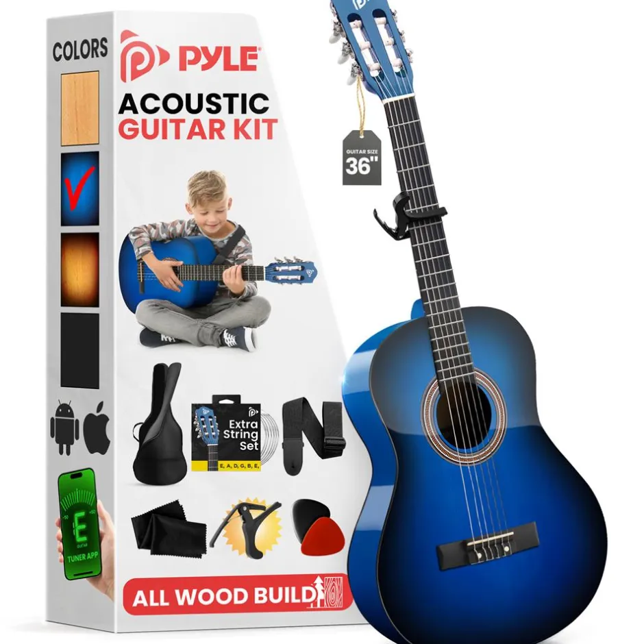 Beginner Acoustic Guitar Kit, Warm Sound, Nylon Strings, Blue Gloss, 36"<Pyle Hot