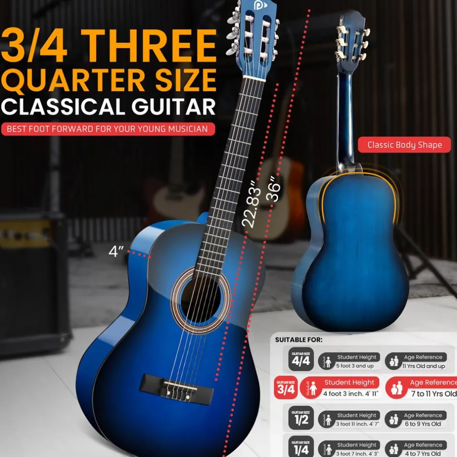 Beginner Acoustic Guitar Kit, Warm Sound, Nylon Strings, Blue Gloss, 36"<Pyle Hot