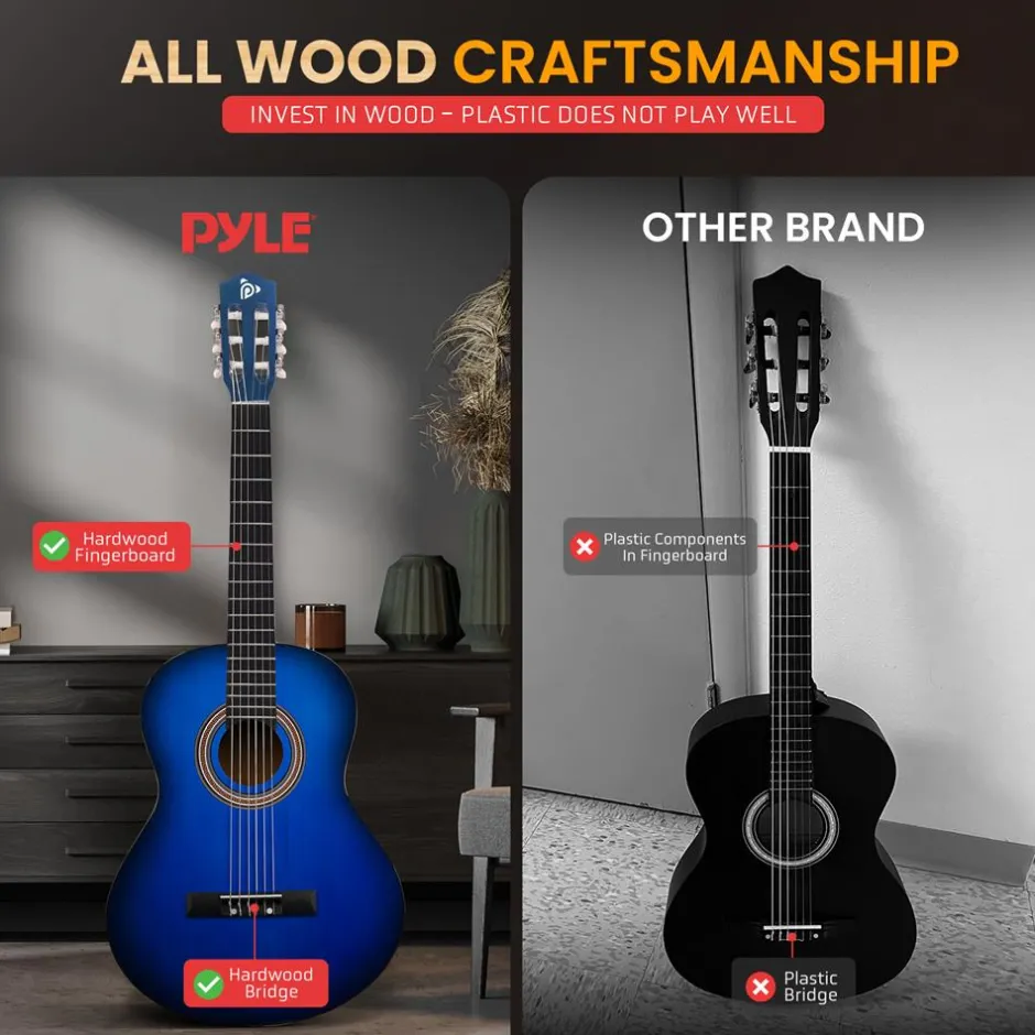 Beginner Acoustic Guitar Kit, Warm Sound, Nylon Strings, Blue Gloss, 36"<Pyle Hot