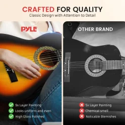 Beginner Acoustic Guitar Kit, 39" Wood, Digital Tuner, Sunburst<Pyle Hot