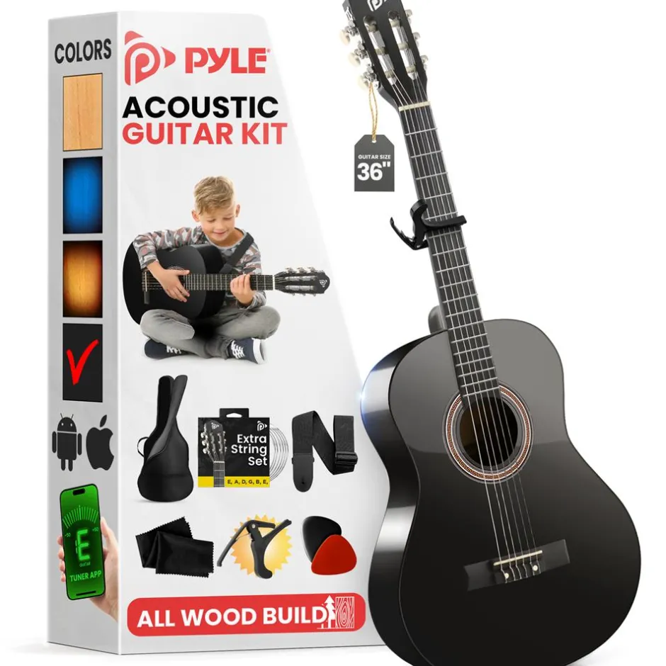Beginner Acoustic Guitar Kit, Warm Sound, Nylon Strings, 36" Gloss Black<Pyle Best