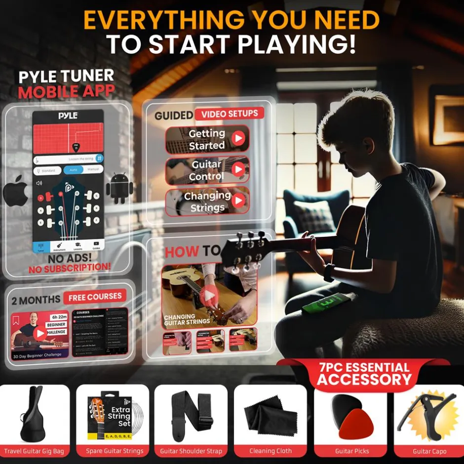 Beginner Acoustic Guitar Kit, Warm Sound, Nylon Strings, 36" Gloss Black<Pyle Best