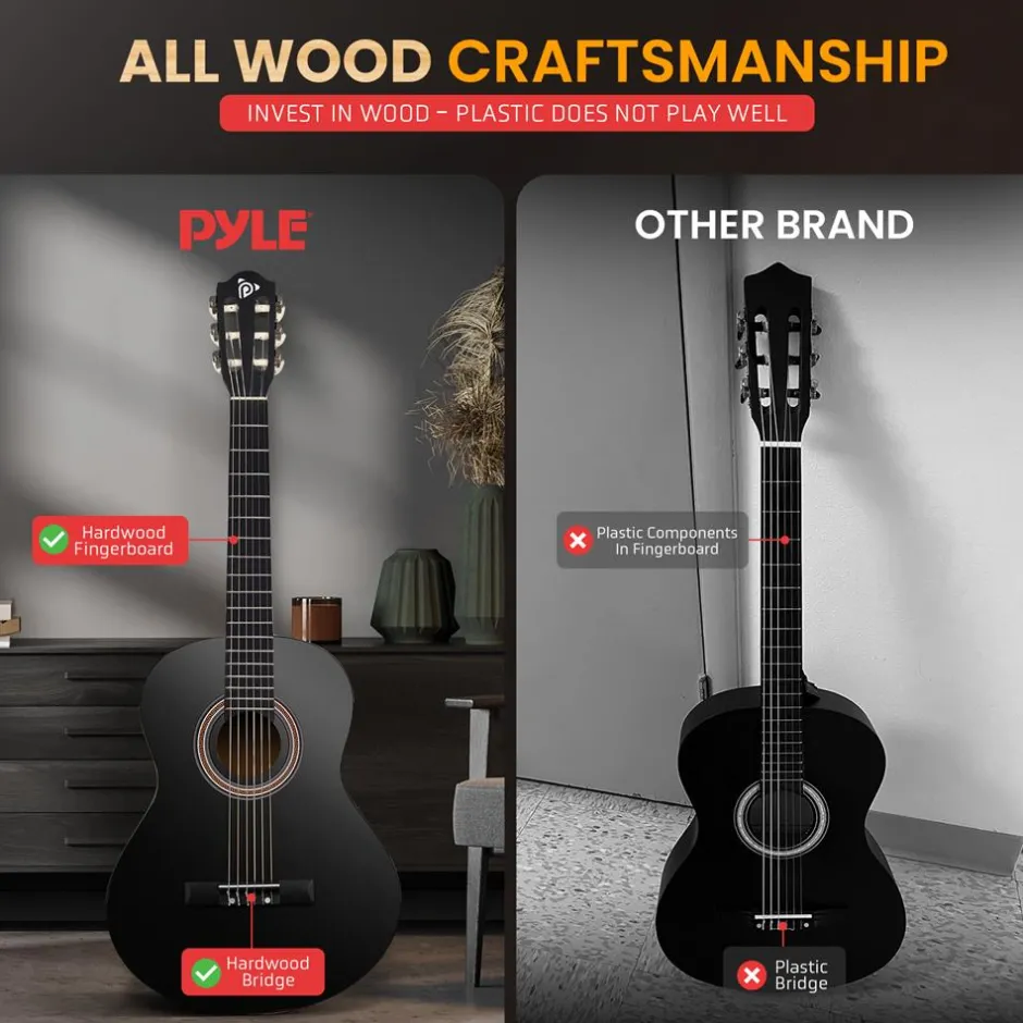 Beginner Acoustic Guitar Kit, Warm Sound, Nylon Strings, 36" Gloss Black<Pyle Best