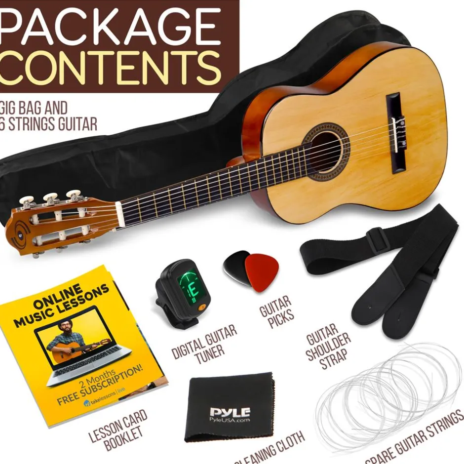 Beginner 6-String Acoustic Guitar Kit, Junior Size, Gloss Finish, Natural<Pyle Hot