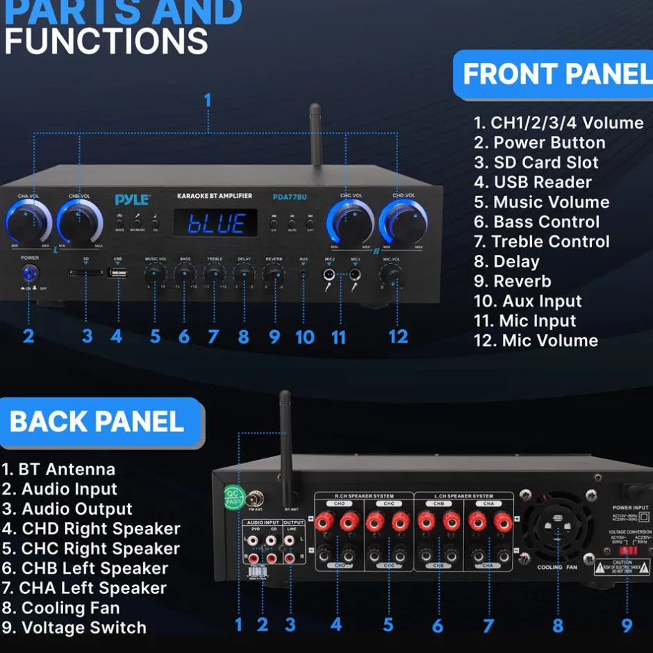 Bluetooth Home Theater Amplifier 800W 4-Channel Compact Design<Pyle New