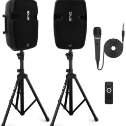 Bluetooth PA Speaker Kit 700W - Dual 8" Speakers, Stands, Mic, Remote<Pyle New