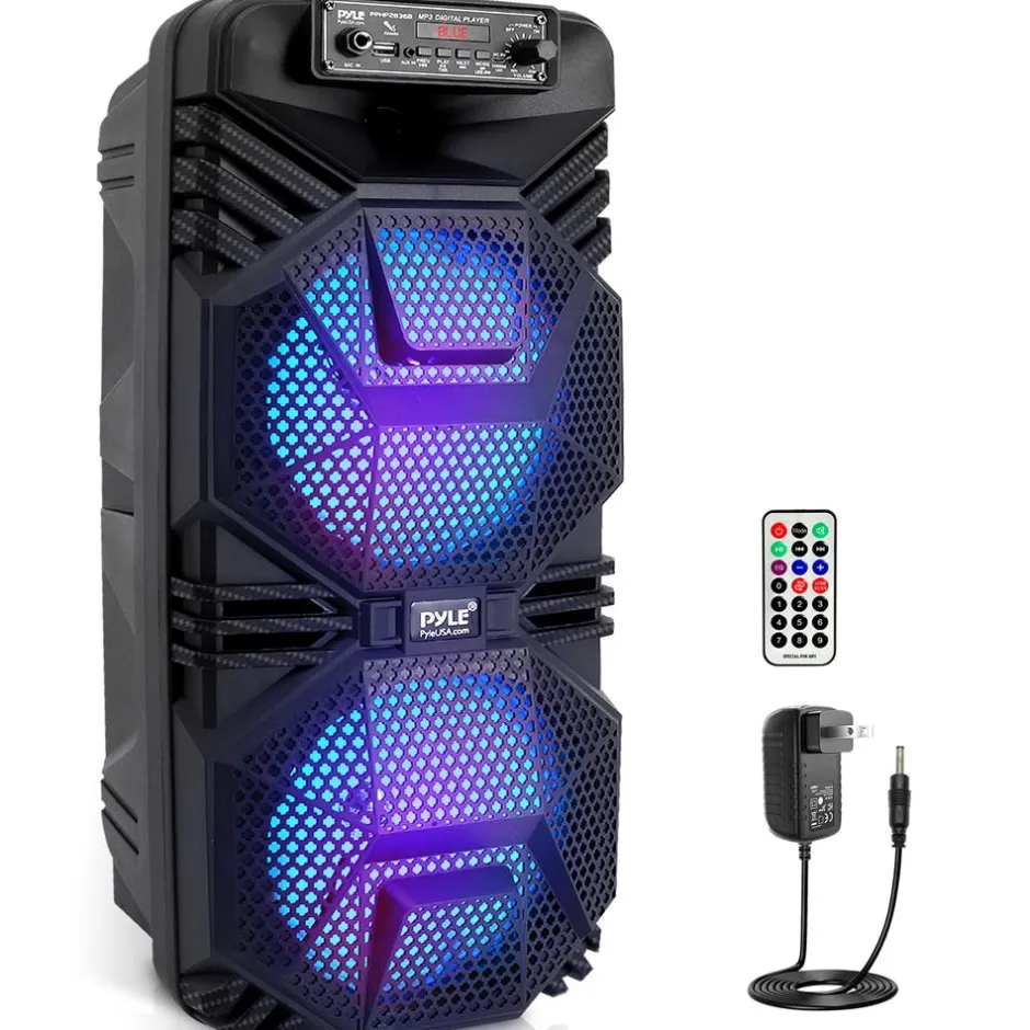 Bluetooth PA Speaker 600W Rechargeable Dual 8" Subwoofers Party Lights<Pyle Outlet