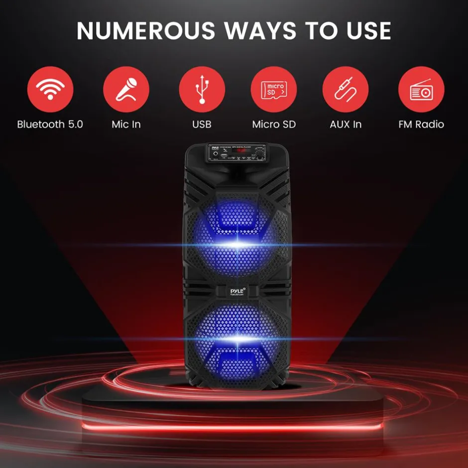Bluetooth PA Speaker 600W Rechargeable Dual 8" Subwoofers Party Lights<Pyle Outlet