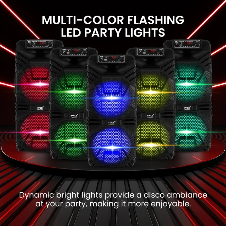 Bluetooth PA Speaker 600W Rechargeable Dual 8" Subwoofers Party Lights<Pyle Outlet