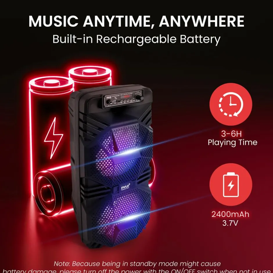 Bluetooth PA Speaker 600W Rechargeable Dual 8" Subwoofers Party Lights<Pyle Outlet