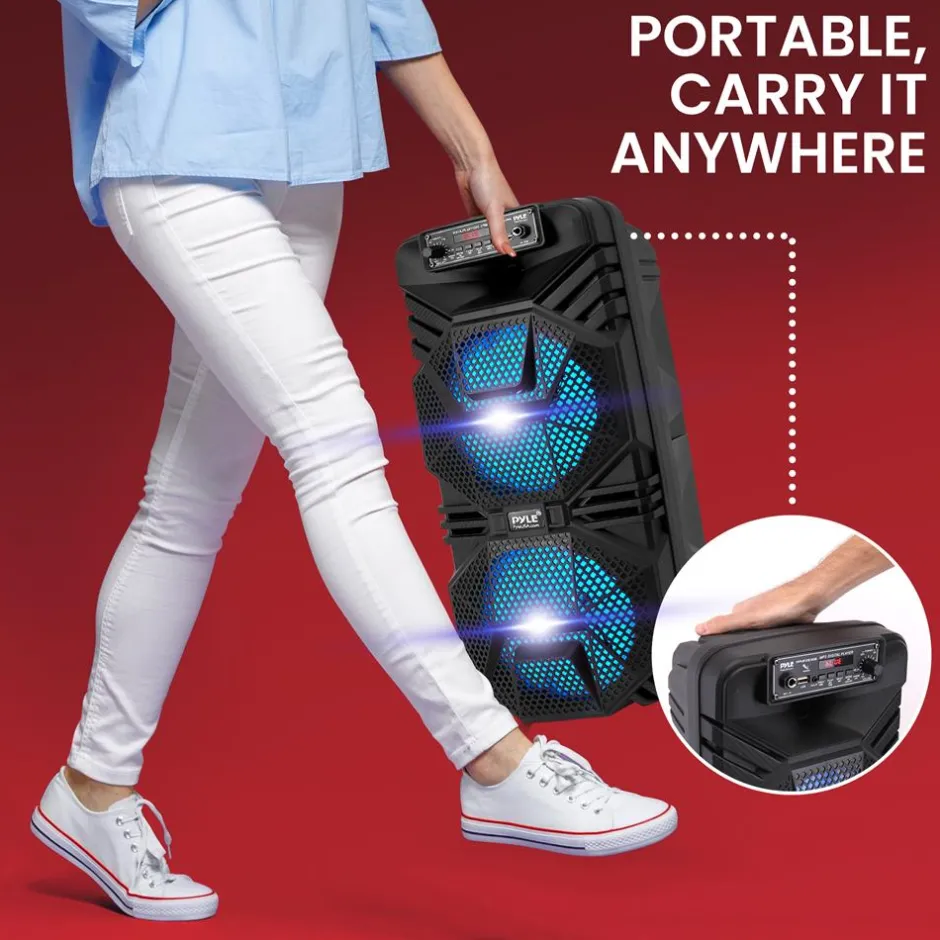 Bluetooth PA Speaker 600W Rechargeable Dual 8" Subwoofers Party Lights<Pyle Outlet