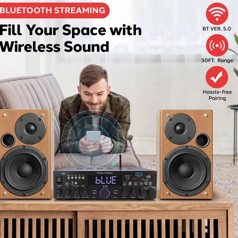 Bluetooth Stereo Amplifier 200W Wireless Streaming Optical/Phono/Coaxial<Pyle