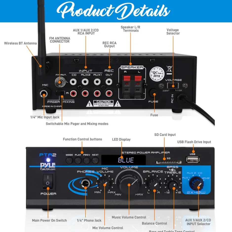 Bluetooth Stereo Amplifier 2x40W USB/SD/FM/AUX Inputs, Remote Control<Pyle Outlet