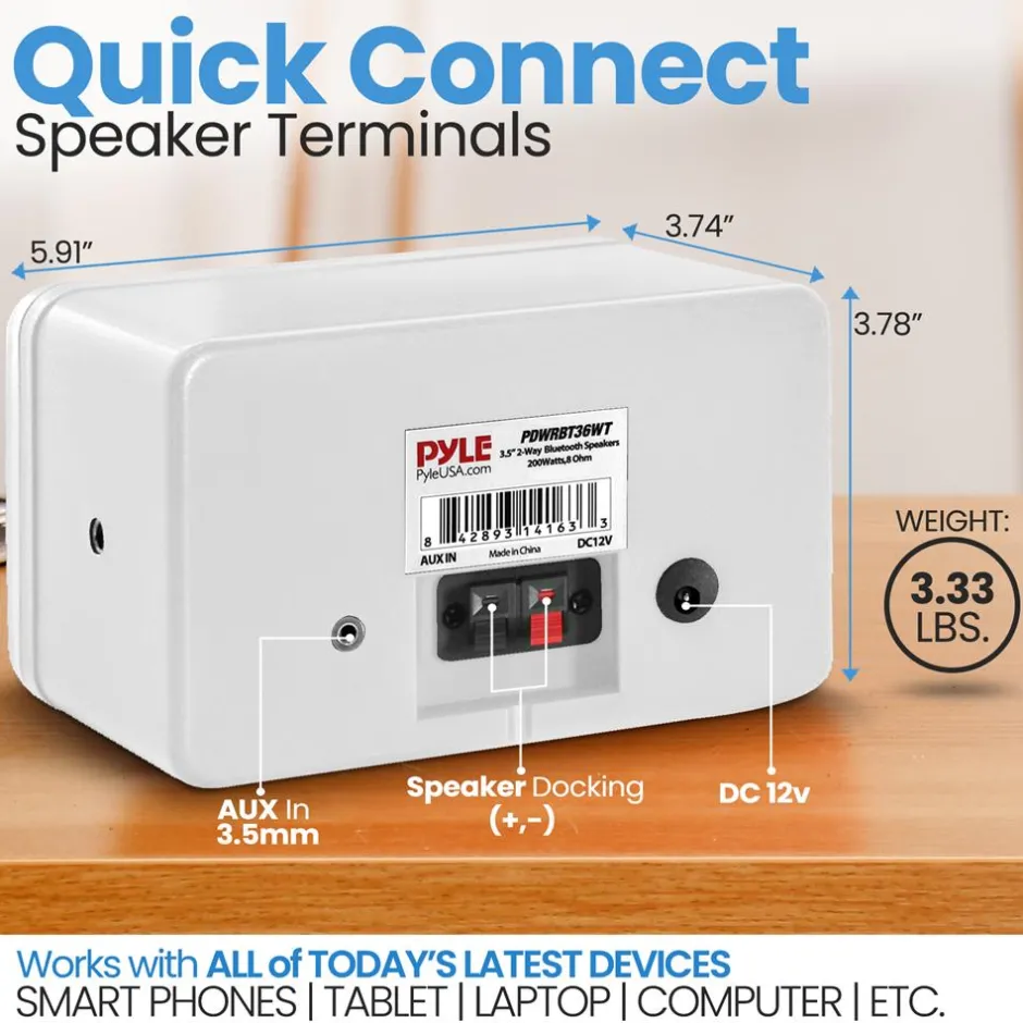 Bluetooth Waterproof Speakers 200W 3.5" 2-Way Polymer Tweeter White<Pyle Best