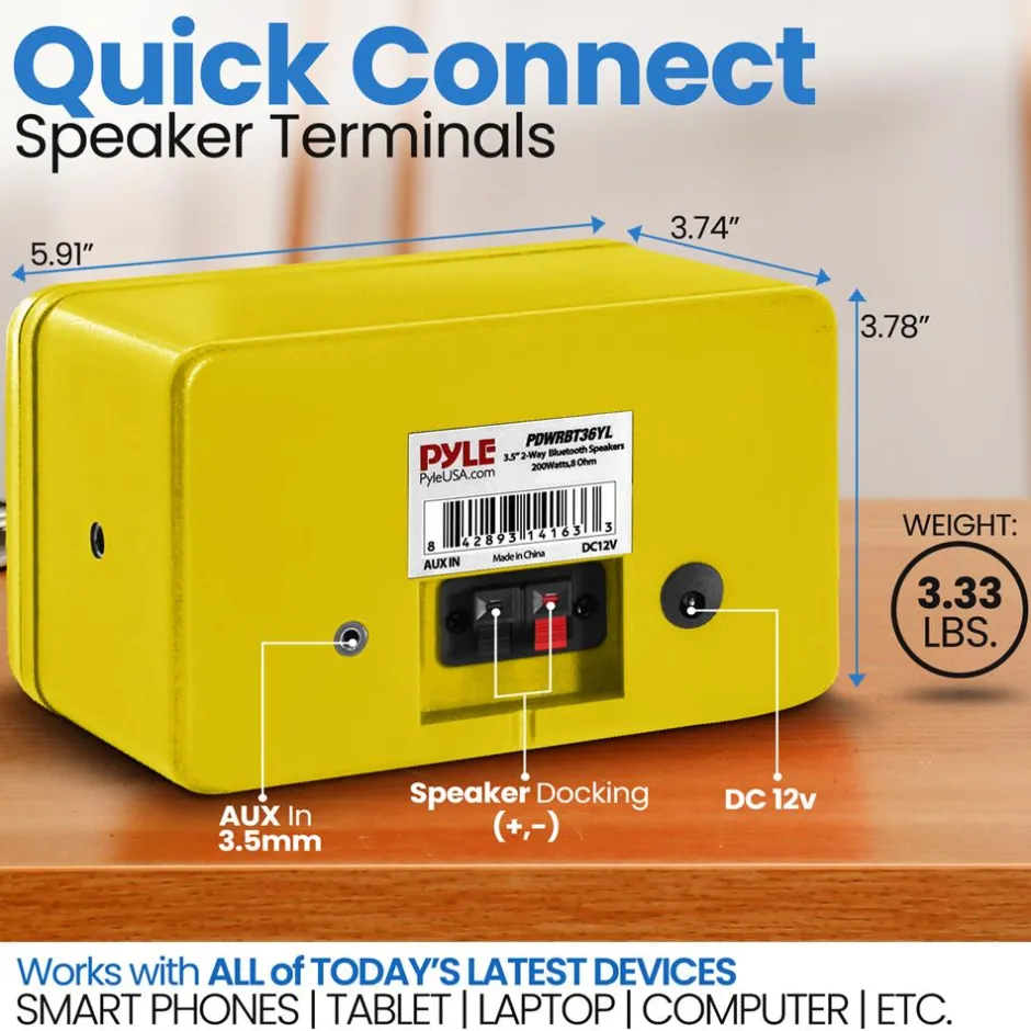 Bluetooth Waterproof Speakers 200W 3.5" Polymer Tweeter Yellow<Pyle Outlet