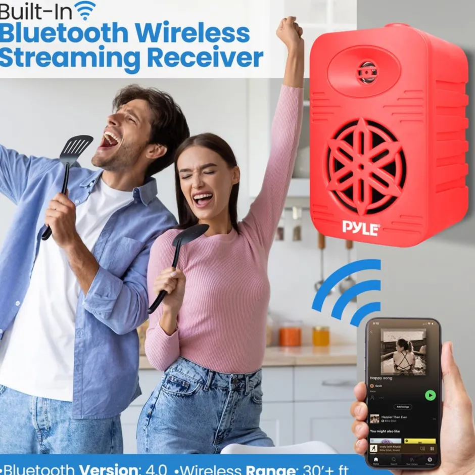 Bluetooth Waterproof Speakers - 300W 4" 2-Way Polymer Tweeter (Red)<Pyle