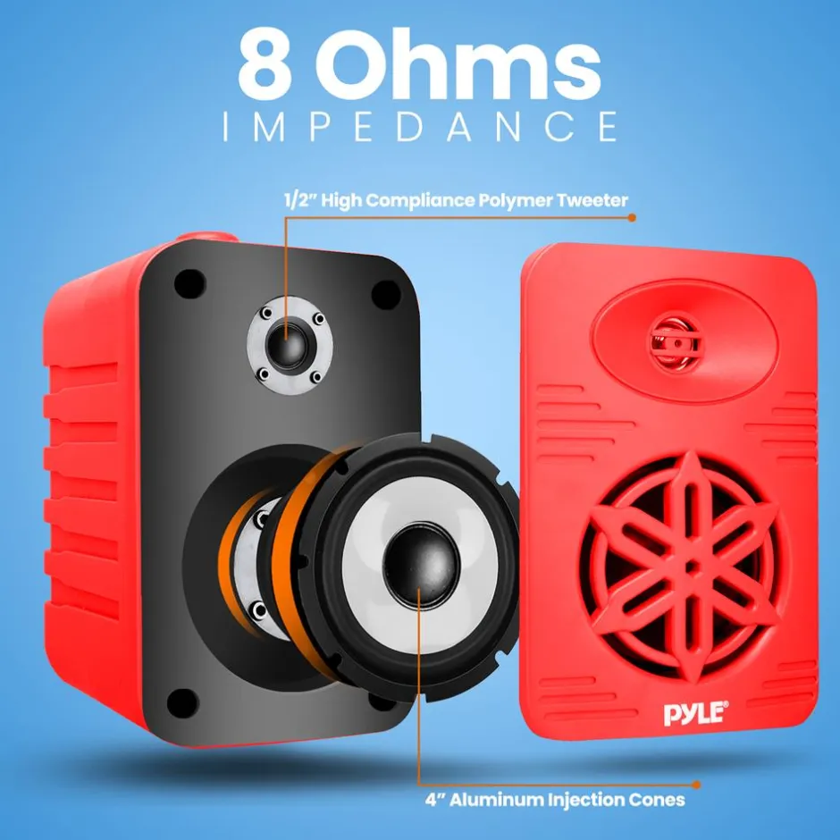 Bluetooth Waterproof Speakers - 300W 4" 2-Way Polymer Tweeter (Red)<Pyle