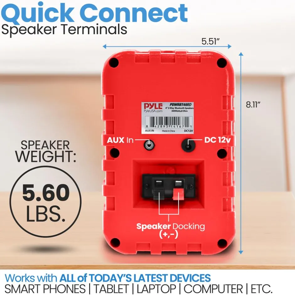 Bluetooth Waterproof Speakers - 300W 4" 2-Way Polymer Tweeter (Red)<Pyle