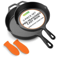 Cast Iron Skillet Set, Nonstick, Pre-Seasoned, Silicone Handles, Orange<NutriChef Clearance