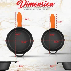Cast Iron Skillet Set, Nonstick, Pre-Seasoned, Silicone Handles, Orange<NutriChef Clearance