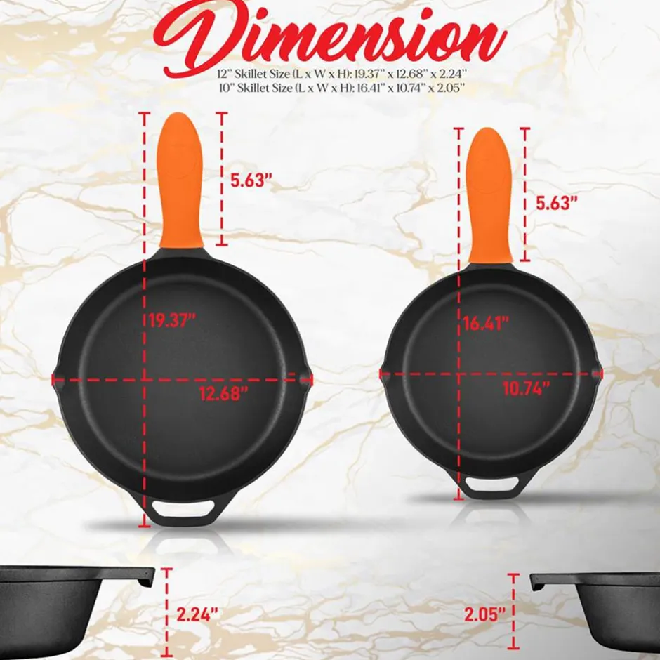 Cast Iron Skillet Set, Nonstick, Pre-Seasoned, Silicone Handles, Orange<NutriChef Clearance