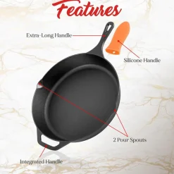Cast Iron Skillet Set, Nonstick, Pre-Seasoned, Silicone Handles, Orange<NutriChef Clearance