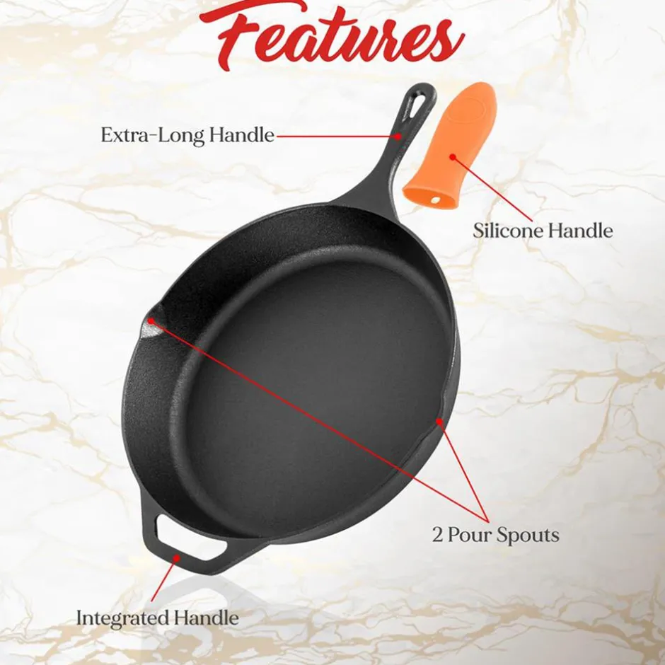 Cast Iron Skillet Set, Nonstick, Pre-Seasoned, Silicone Handles, Orange<NutriChef Clearance