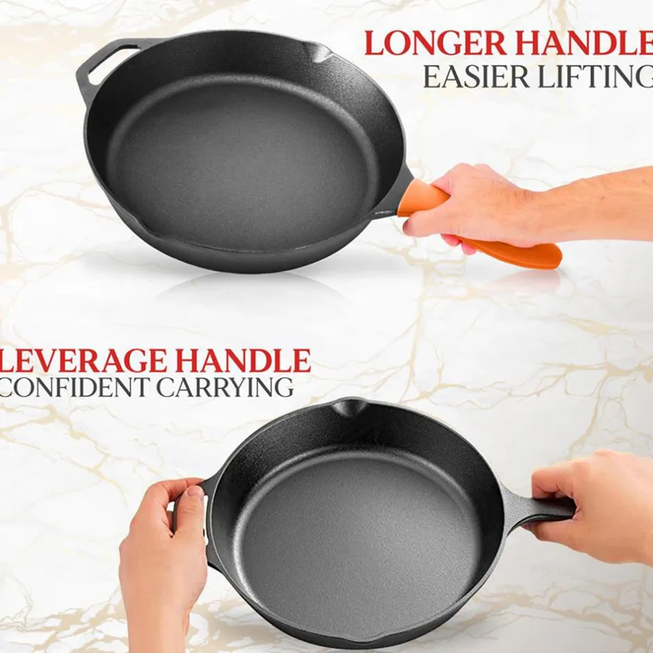 Cast Iron Skillet Set, Nonstick, Pre-Seasoned, Silicone Handles, Orange<NutriChef Clearance