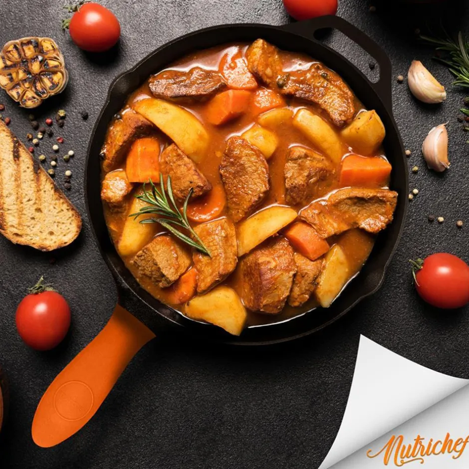 Cast Iron Skillet Set, Nonstick, Pre-Seasoned, Silicone Handles, Orange<NutriChef Clearance