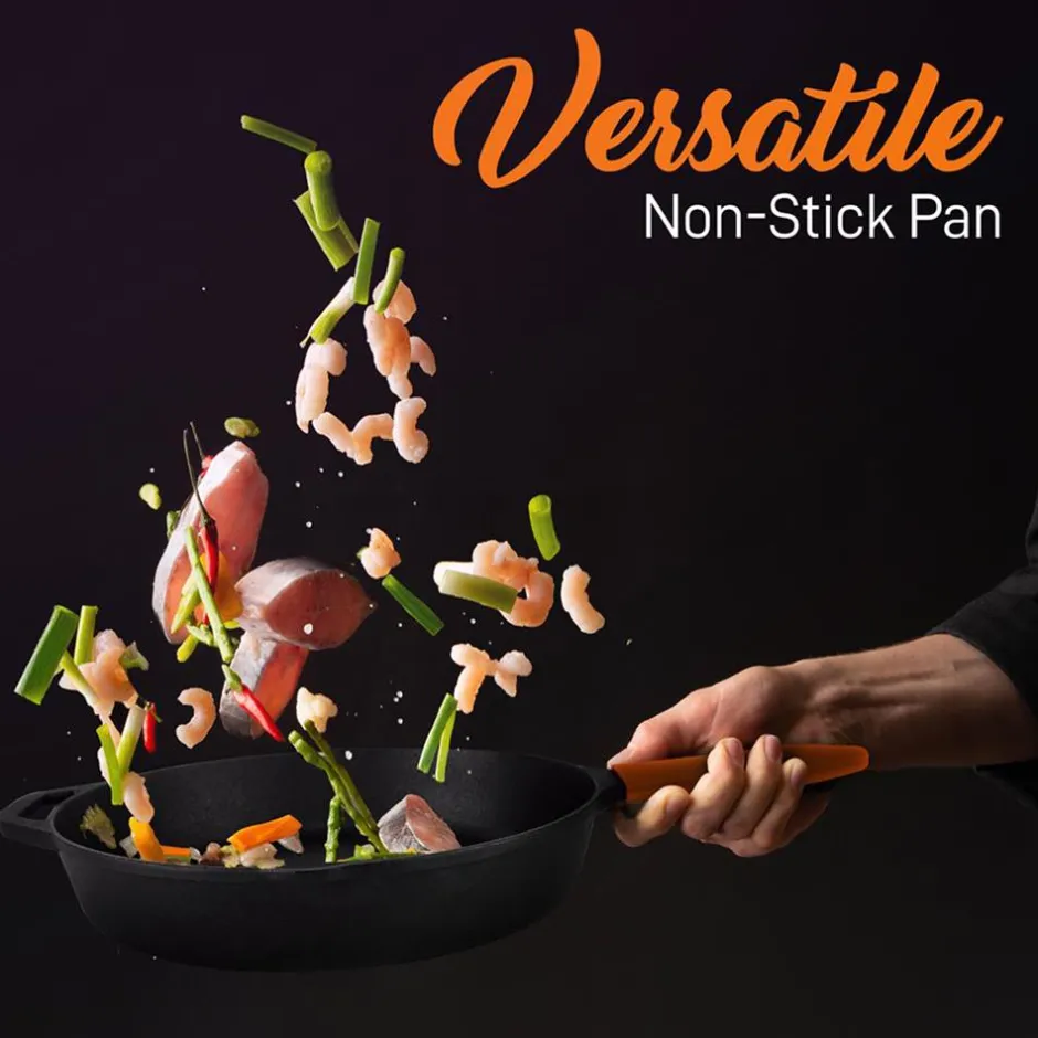 Cast Iron Skillet Set, Nonstick, Pre-Seasoned, Silicone Handles, Orange<NutriChef Clearance