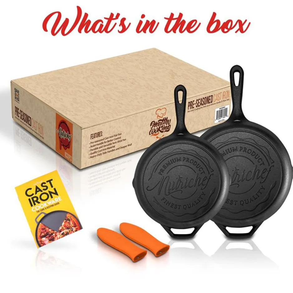 Cast Iron Skillet Set, Nonstick, Pre-Seasoned, Silicone Handles, Orange<NutriChef Clearance