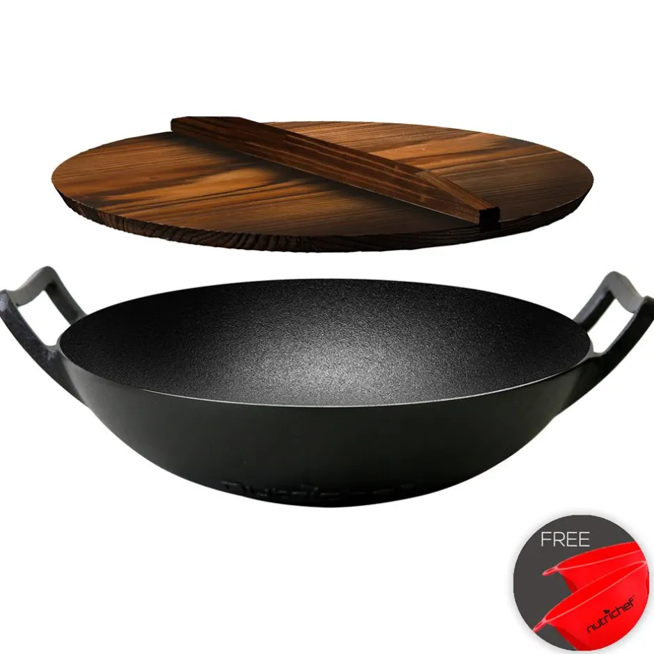 Cast Iron Wok 5.8 Qt Even Heat Pre-Seasoned with Wooden Lid<NutriChef Outlet