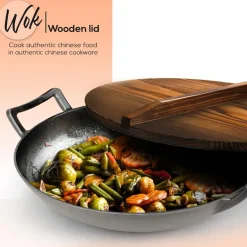 Cast Iron Wok 5.8 Qt Even Heat Pre-Seasoned with Wooden Lid<NutriChef Outlet