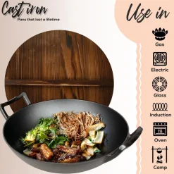 Cast Iron Wok 5.8 Qt Even Heat Pre-Seasoned with Wooden Lid<NutriChef Outlet