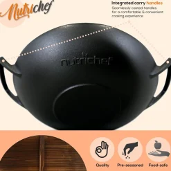 Cast Iron Wok 5.8 Qt Even Heat Pre-Seasoned with Wooden Lid<NutriChef Outlet