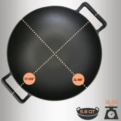 Cast Iron Wok 5.8 Qt Even Heat Pre-Seasoned with Wooden Lid<NutriChef Outlet