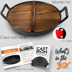 Cast Iron Wok 5.8 Qt Even Heat Pre-Seasoned with Wooden Lid<NutriChef Outlet