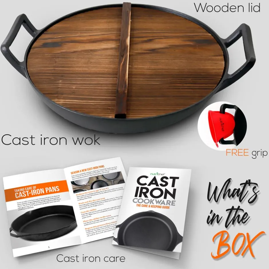Cast Iron Wok 5.8 Qt Even Heat Pre-Seasoned with Wooden Lid<NutriChef Outlet