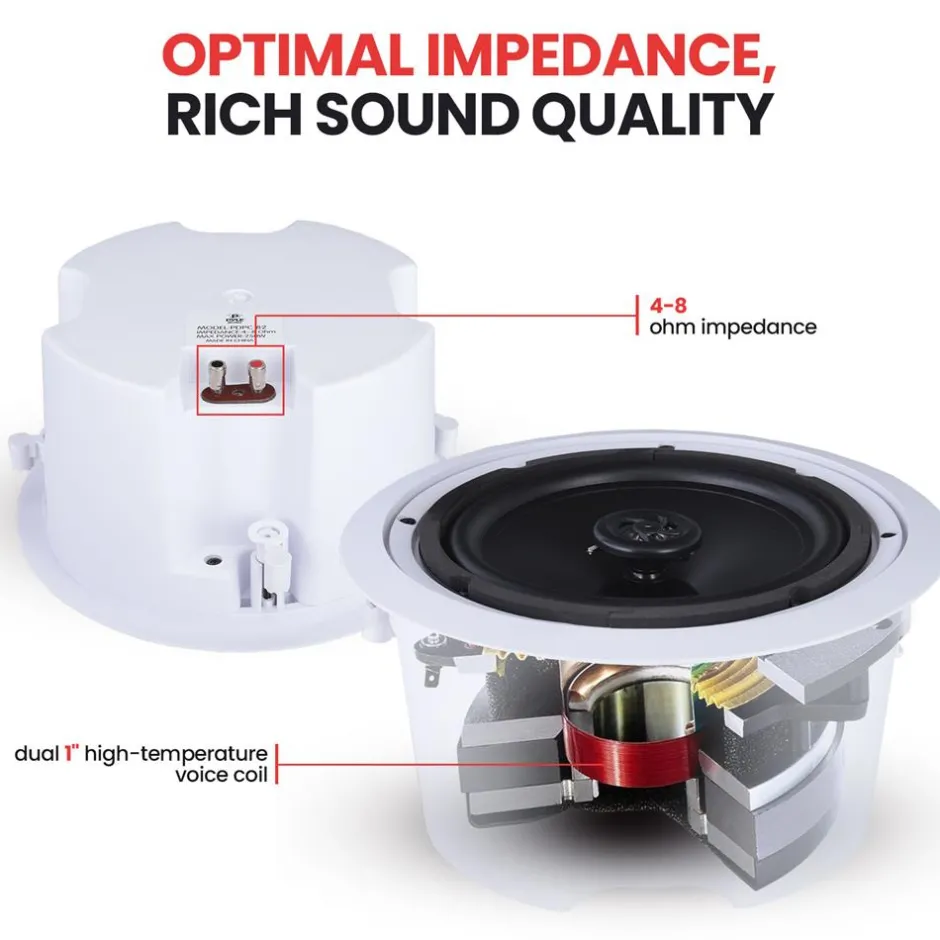Ceiling Wall Speaker Pair 250W Deep Bass 8" Enclosure White<Pyle