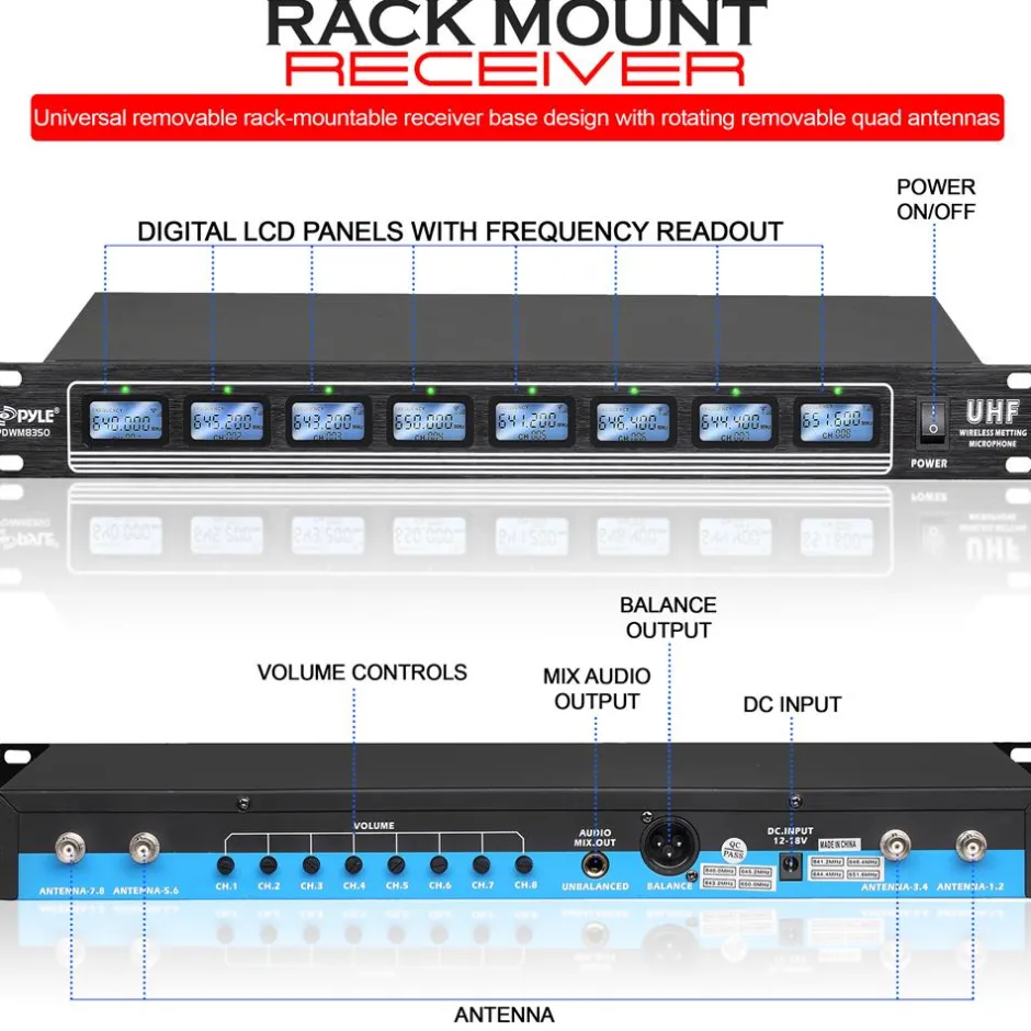 8-Ch Wireless Mic System, 600ft Range, Rack Mount, 4 Handheld & 4 Headset Mics<Pyle New