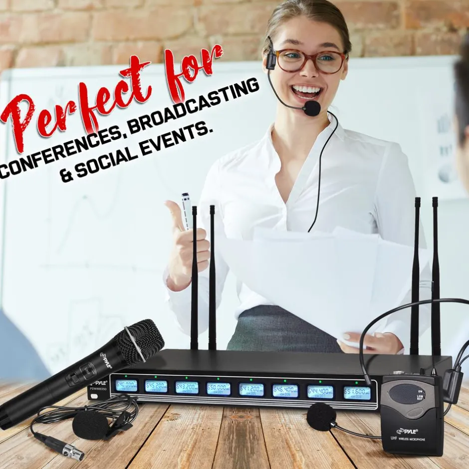 8-Ch Wireless Mic System, 600ft Range, Rack Mount, 4 Handheld & 4 Headset Mics<Pyle New