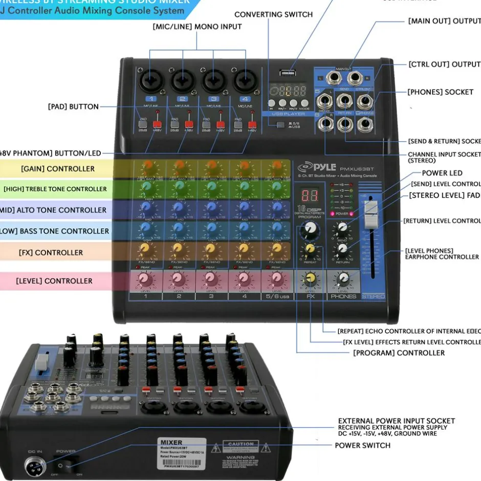 6-Channel Audio Mixer - Bluetooth Streaming - 48V Phantom Power<Pyle Hot