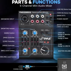 5-Channel Audio Mixer - Low Noise USB Interface - 18V Phantom Power<Pyle Outlet