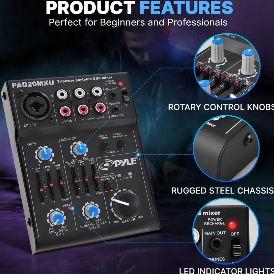 5-Channel Audio Mixer - Low Noise USB Interface - 18V Phantom Power<Pyle Outlet