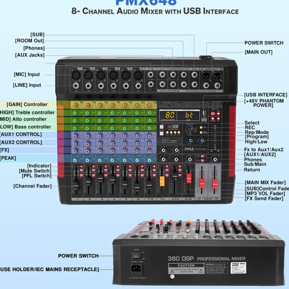 8-Channel Audio Mixer, Wireless Streaming, 380 DSP Effects, USB Interface<Pyle Online