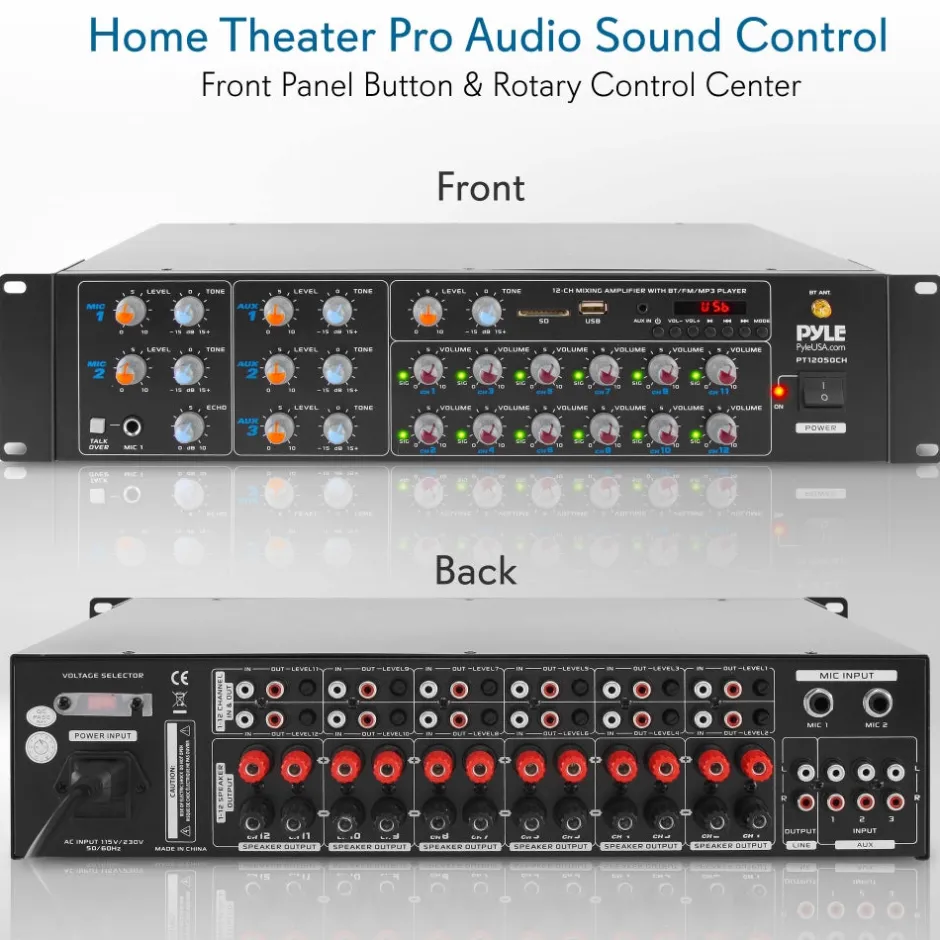 12-Channel Bluetooth Amplifier 6000W Multi-Zone Mixer with USB/SD/AUX<Pyle Hot