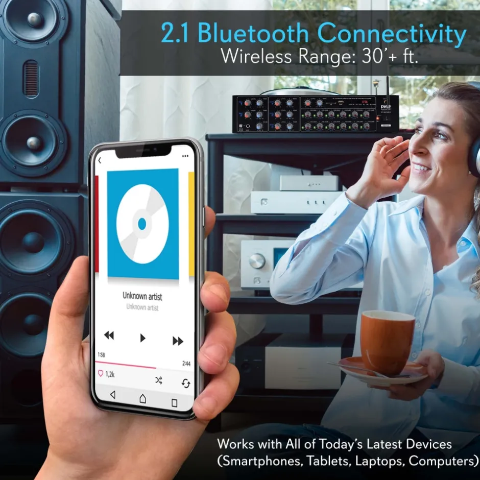 12-Channel Bluetooth Amplifier 6000W Multi-Zone Mixer with USB/SD/AUX<Pyle Hot