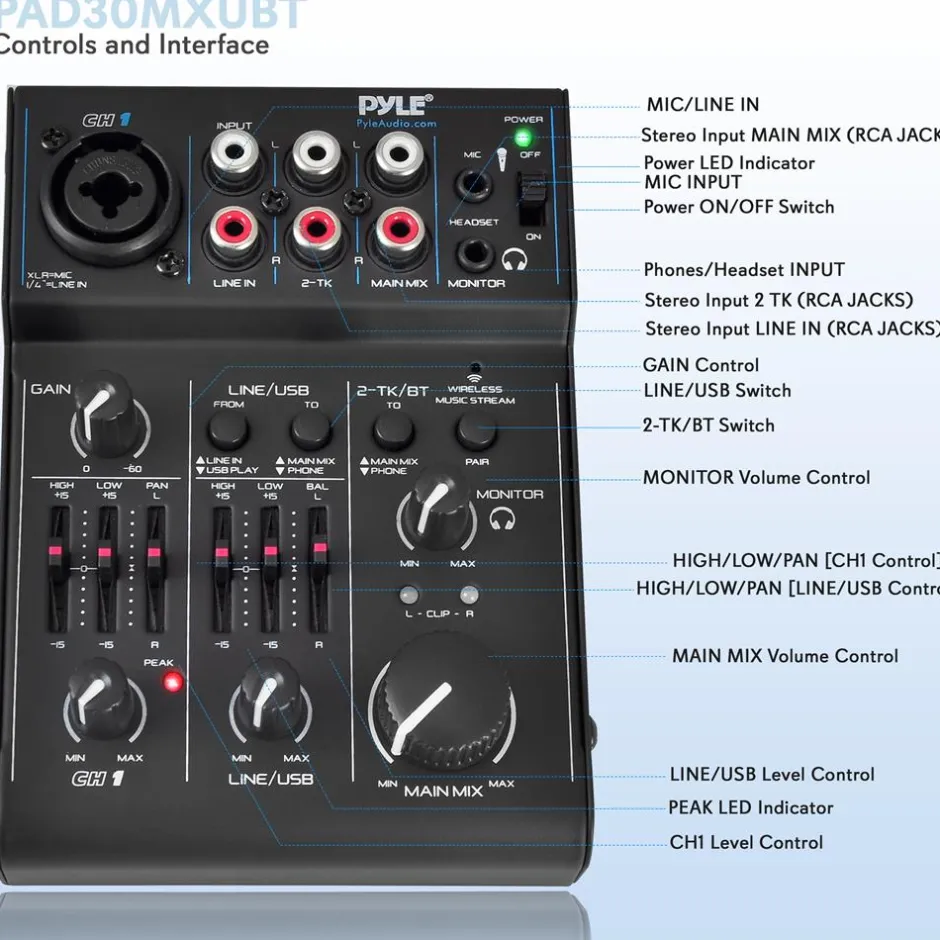 3-Channel Bluetooth Audio Mixer - Wireless Streaming, 18V Phantom Power<Pyle Sale